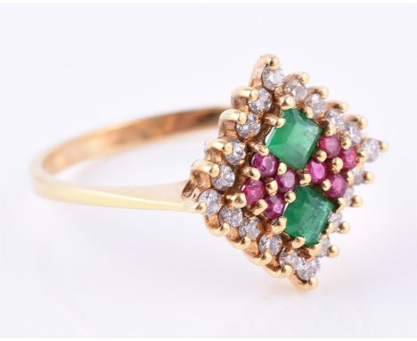 
	
		A diamond, ruby and emerald cluster dress ring, the squared cluster centred with rubies and emeralds within a border of 