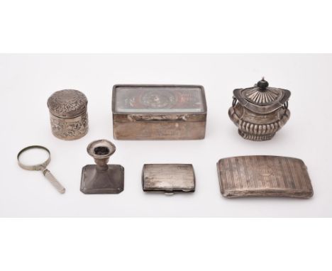 
	
		A collection of silver items, to include: an Edwardian silver shaped oval tea caddy by William Devenport, Birmingham 190