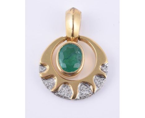 
	
		A diamond and emerald pendant, the oval cut emerald within a brilliant cut diamond accented circular surround, approxima