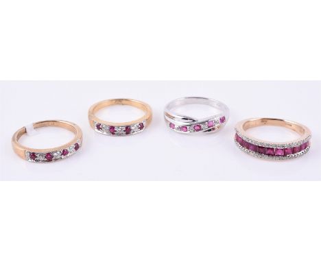 
	
		Two 9 carat gold ruby and diamond rings, finger size K and K 1/2; and two further ruby and diamond rings, one with 9 car