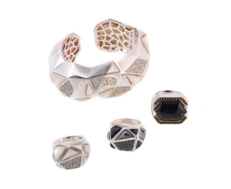 
	
		Y&nbsp;A bangle and three dress rings by Kara Ross, the bangle with geometric panels set with circular cut white stones 