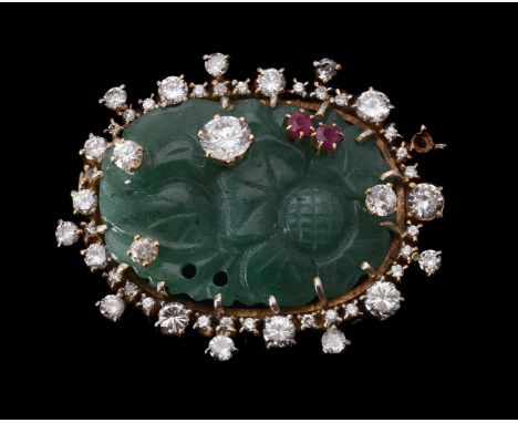 
	
		A diamond, white stone, and ruby set aventurine quartz panel brooch, the oval aventurine quartz penal carved with a flow