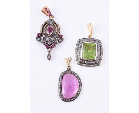 
	
		A peridot and diamond pendant, the fancy cut cushion shaped peridot set within a surround of eight cut and rose cut diam