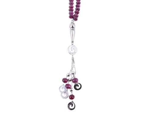
	
		Ruby prayer beads, the polished ruby beads on a box link chain, with white metal spacers, 32cm long, to a white metal an