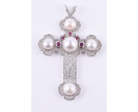 
	
		A freshwater cultured pearl, ruby and diamond cross pendant, the open work cross set with freshwater cultured pearls, ci