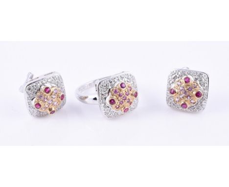 
	
		A ruby, diamond and pink sapphire ring and earring suite, the earrings with squared panels with four rubies in collet se