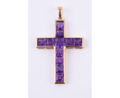 
	
		An amethyst set cross pendant, the cross channel set with step cut amethysts, 4.2cm long, 5g gross

	

