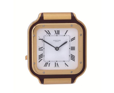 
	
		Cartier, Santos, Ref. 7508,
		Brass and brown lacquer desk alarm clock, no. 18646
		Movement: Quartz alarm
		Case: Brass