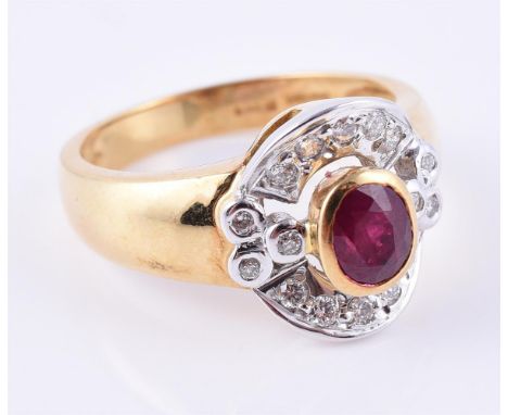 
	
		A ruby and diamond cluster ring, the central oval mixed cut ruby rub over set within a surround of brilliant cut diamond