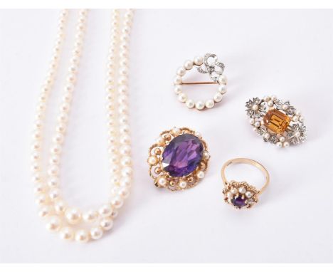 
	
		A small collection of cultured pearl jewellery, to include a cultured pearl, rose cut diamond and citrine floral cluster