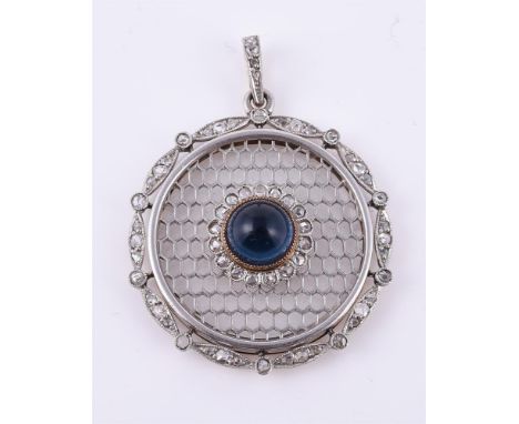 
	
		A diamond and synthetic sapphire pendant, the circular pendant with a central circular cabochon synthetic sapphire withi