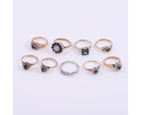 
	
		An 18 carat gold sapphire and diamond cluster ring, rubbed hallmark, finger size M 1/2; together with seven sapphire set