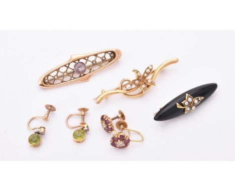 
	
		A small collection of jewellery, comprising a pair of diamond and peridot earrings, the old cut diamonds approximately 0