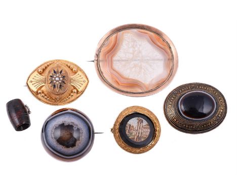
	
		A collection of Victorian brooches, to include a marquise shaped brooch with central cluster of half pearls with beaded 