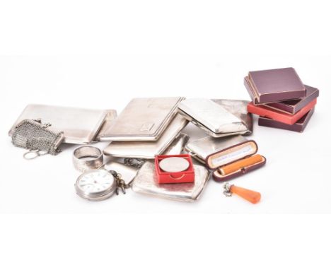 
	
		A collection of silver and silver coloured items, to include: a silver rectangular cigarette case by S. &amp; B., Birmin