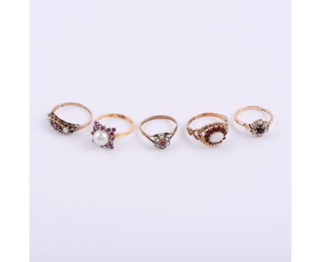 
	
		Five dress rings, to include a ruby and cultured pearl cluster dress ring, stamped ct18, finger size O; together with fo