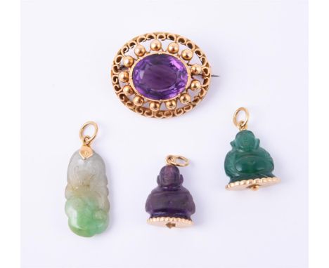 
	
		A small collection of jewellery, to include a Portuguese amethyst brooch, the oval cut amethyst within a pierced beaded 