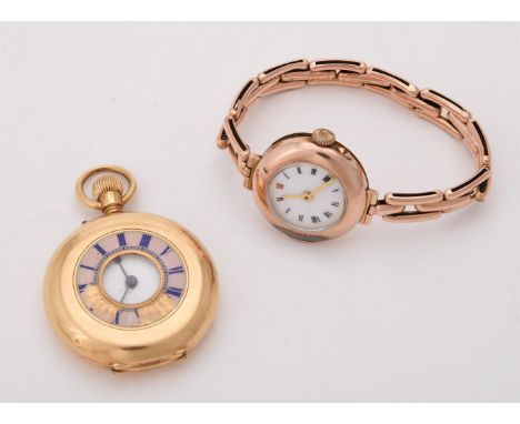 
	
		Unsigned,
		Gold keyless wind half hunter fob watch, no. 24828
		Movement: Three armed domed balance, flat balance sprin