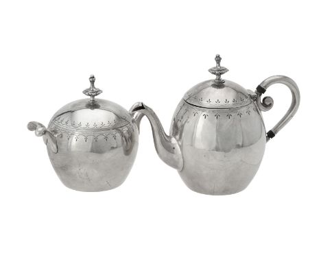 
	
		A Dutch silver circular bachelors tea pot and sugar bowl, circa 1885, second standard, the tea pot with a shaped circula