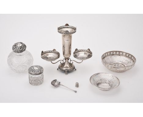 
	
		A collection of silver items, to include: a silver table centre piece by William Hutton &amp; Sons Ltd., Sheffield 1910,