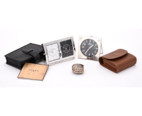 
	
		Links of London, Greenwich Collection, a stainless steel desk alarm clock, with two dials, Japanese quartz movement, scr