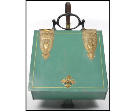 A 19th century Victorian green enamel tin coal scuttle / purdonium and brass coal scoop having a carved wooden handle with eb