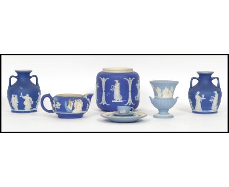 A collection of Victorian and other Wedgwood jasper cameo ware ceramics to include a pair of Wedgwood and Co Ltd twin handled