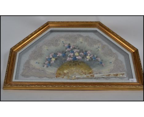 A vintage mid 20th century framed mounted and glazed Spanish Flamenco silk stick fan,printed and then over painted in colourf