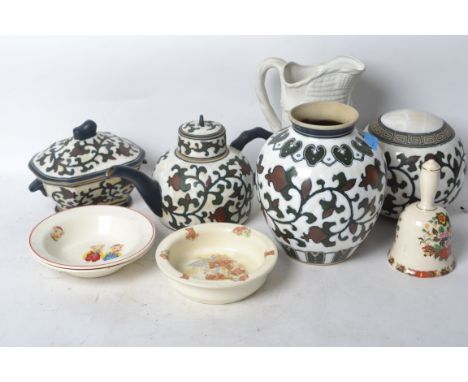 A mixed lot of vintage ceramics to include nursery rhyme dishes, matching studio pottery teapot, vase, pot, a Sadler bell and