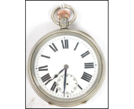 A silver plated Swiss made lever open faced crown wind pocket watch, having enamel face with Roman numeral chapter ring and a