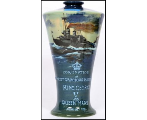 A large Minton / Mintons ceramic hand painted vase of tapering form made to commemorate the Coronation of King George in 1911