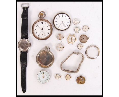 A collection of watches - wristwatch faces and movements to include silver cased pocket watches, wristwatches by Montine, Hel