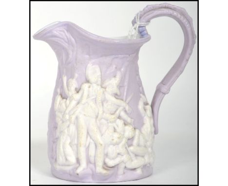 Nelson interest - A 19th century lilac ground ceramic cream jug embossed with scenes of probably the death of Nelson. Measure