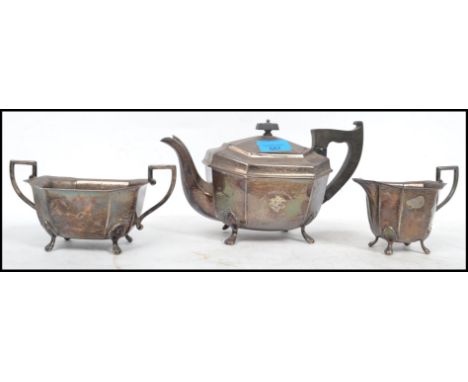 A three piece silver hallmarked tea service by Viners, to include a teapot, creamer and sugar bowl, assay mark for Sheffield,