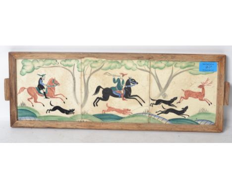 A set of three ceramic tiles by Pilkington depicting a 16th century hunting scene being framed. Stamped to verso.