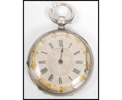 A 19th century Continental ladies fine silver open faced pocket watch, engine turned casesilver and gilt applied face with Ro