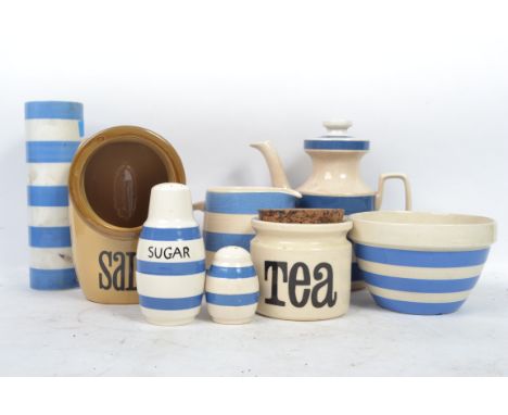 A collection of vintage 20th century T G Green kitchen ceramics to include blue and white banded bowl, teapot, rolling pin, s