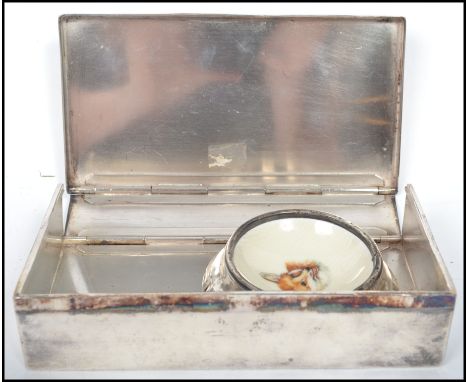 A James Dixon hunting silver plated sandwich box with hinged lid and makers stamps to interior, along with a hallmarked silve