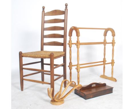 A mixed lot to include a tubular towel rail, a bentwood thonet style wall mounted rack, a lidded cutlery box, and an antique 