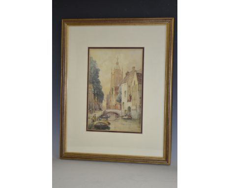 J R Miller (fl. 1880-1912) The canal at Courtraie, signed watercolour, 17cm x 25cm 