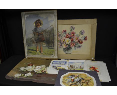Malo
Fishing for Tiddlers
signed, oil on canvas laid on hardboard, 68cm x 51cm; 
R Austin
Still Life, Roses in a Basket, sign
