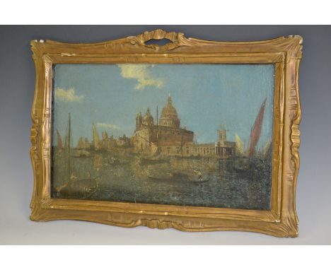 Italian School (18th century)
Grand Canal Venice with a View Towards S. Maria Della Salute
oil on panel, paper label to verso