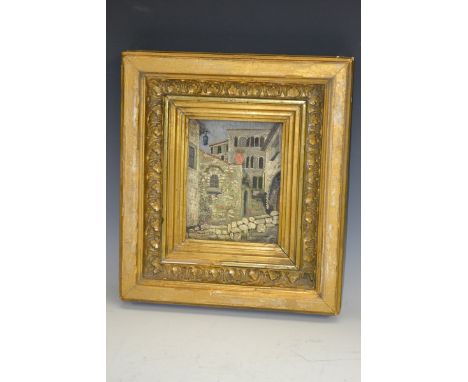 Continental School (19th century)
Stone Buildings
initialled JG?, oil on oak panel, 17cm x 13.5cm