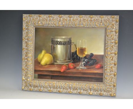 R J Hodrun (20th century)
Still Life, Glass of Wine, Cooler and Ripe Fruit
signed, oil on board, 28cm x 38.5cm