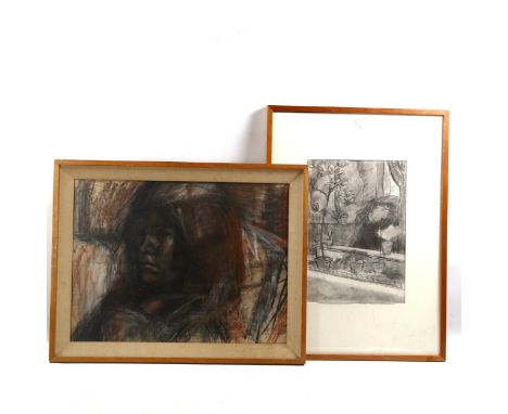 20th century South American School, mixed media on paper, portrait of a man, 46cm x 61cm, and charcoal garden scene, unsigned