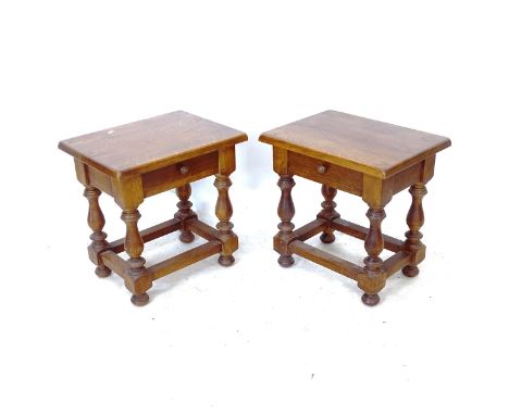 A pair of oak rectangular lamp/side tables, on baluster legs, W52cm, H54cm, D40cm 