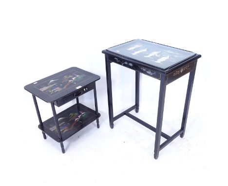 A Chinese black lacquered 2-tier side table, with single drawer, W44cm, and a Chinese black lacquered lamp table, with mother