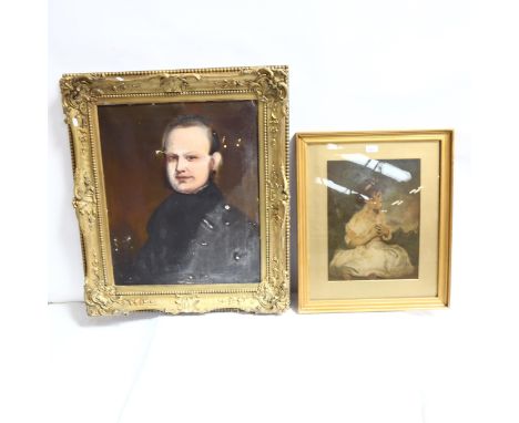 19th century oil on canvas, portrait of a young man, gilt-framed, 80cm x 69cm, and a framed portrait of a young girl, 60cm x 