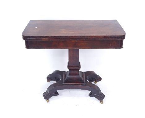 A William IV mahogany fold over card table, on a shaped centre column and platform base, W92cm, H78cm, D46cm