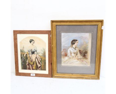 Mixed media half-length portrait, lady with a fan, unsigned, framed, and W Cornish, coloured engraving, framed, largest overa